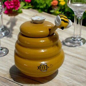 Hand-Painted Mini Ceramic Honey Pot With Lid & Dipper
